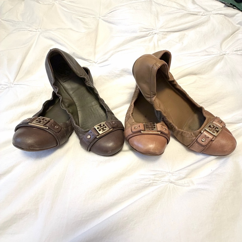 Tory Burch Tan and Gray Leather Ballet Flats